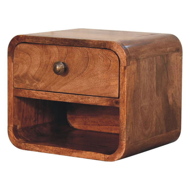 Mini Honey Caramel Floating Nightstand - Solid Mango Wood Bedside Table for Bedroom - product view 2 showing handcrafted...