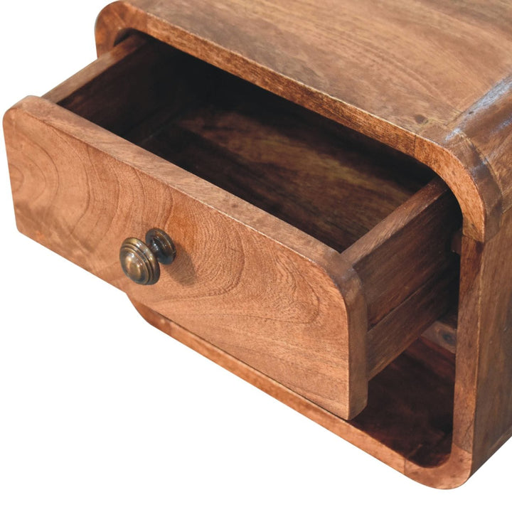 Mini Honey Caramel Floating Nightstand - Solid Mango Wood Bedside Table for Bedroom - product view 6 showing handcrafted...