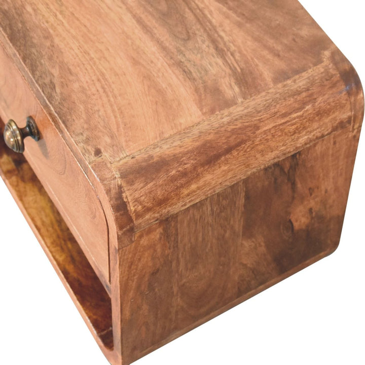 Mini Honey Caramel Floating Nightstand - Solid Mango Wood Bedside Table for Bedroom - product view 5 showing handcrafted...
