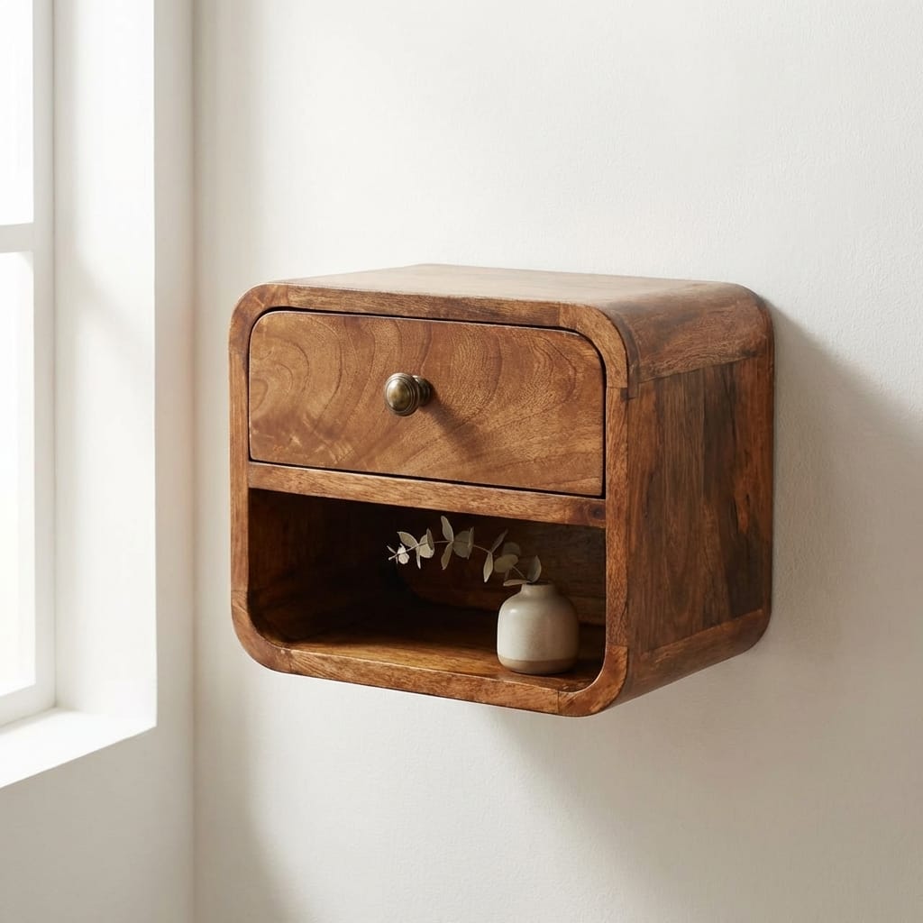 Mini Honey Caramel Floating Nightstand - Solid Mango Wood Bedside Table for Bedroom - main view showing handcrafted solid...