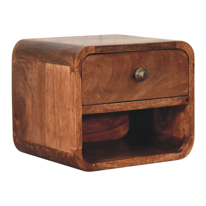 Mini Honey Caramel Floating Nightstand - Solid Mango Wood Bedside Table for Bedroom - product view 3 showing handcrafted...