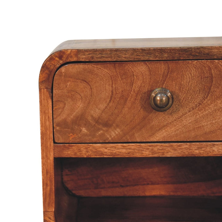 Mini Honey Caramel Floating Nightstand - Solid Mango Wood Bedside Table for Bedroom - product view 4 showing handcrafted...