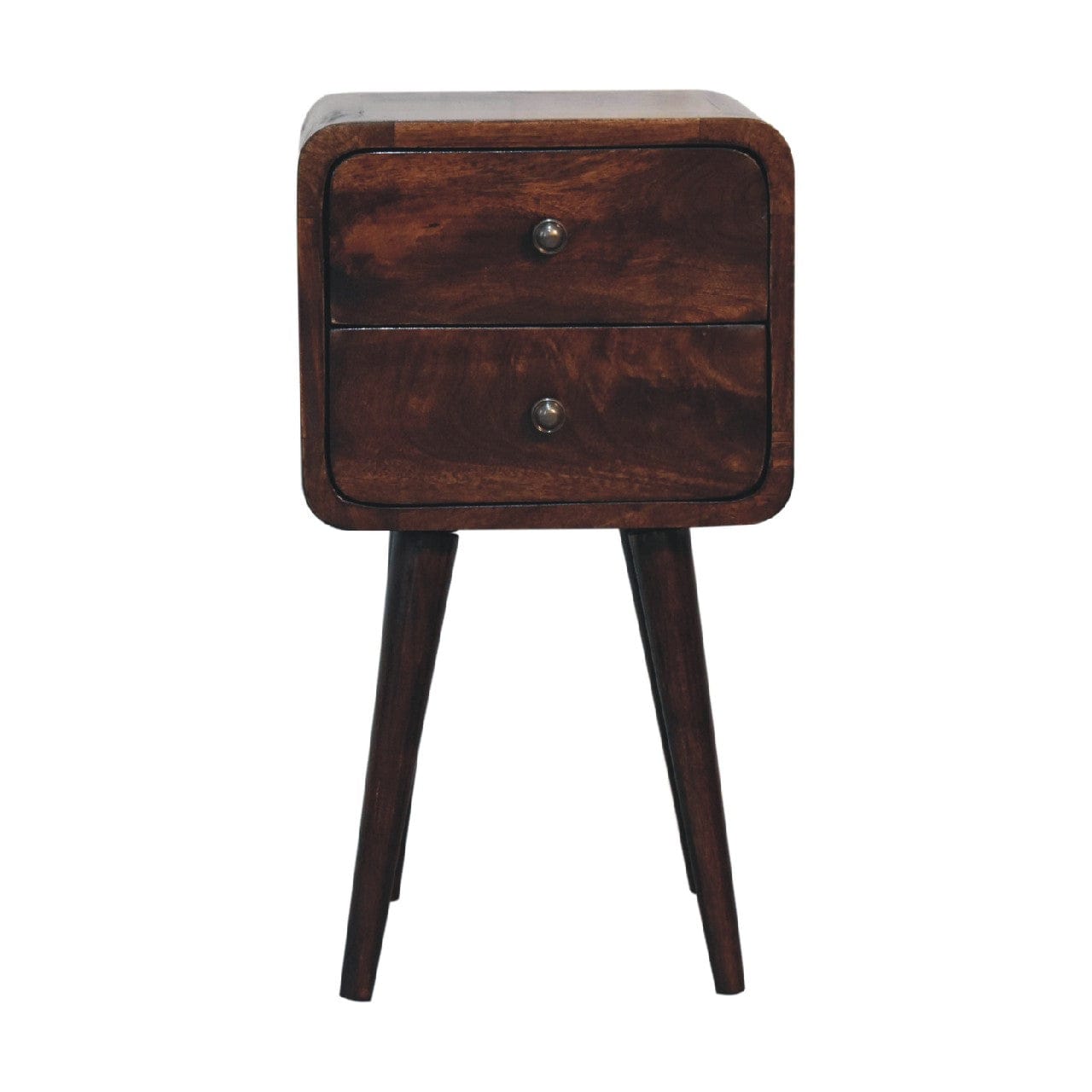 Mini Light Walnut Curved Nightstand - Solid Mango Wood Bedside Table for Bedroom - main view showing handcrafted solid...