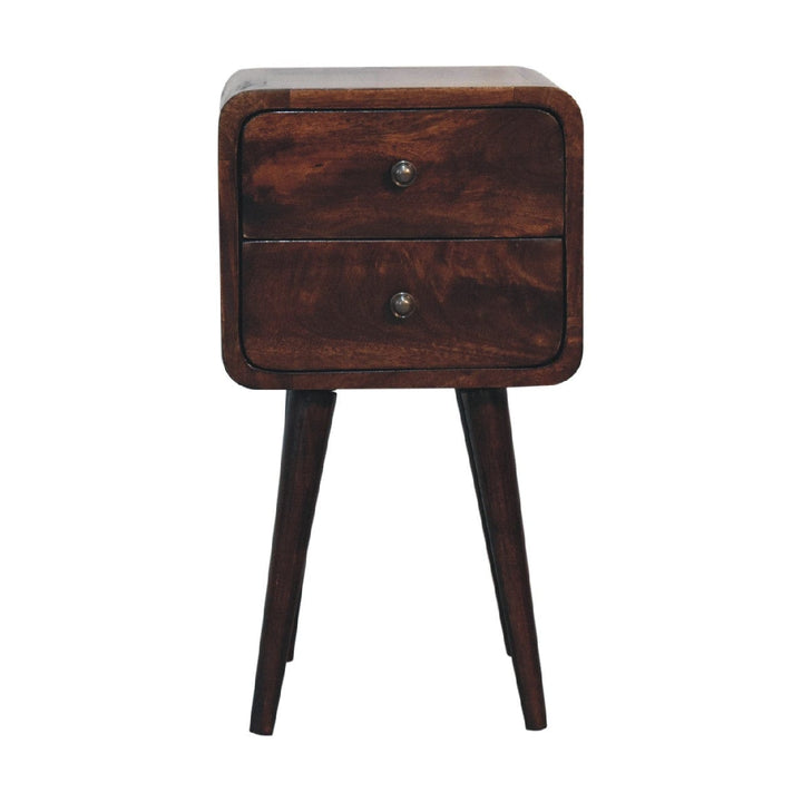 Mini Light Walnut Curved Nightstand - Solid Mango Wood Bedside Table for Bedroom - main view showing handcrafted solid...