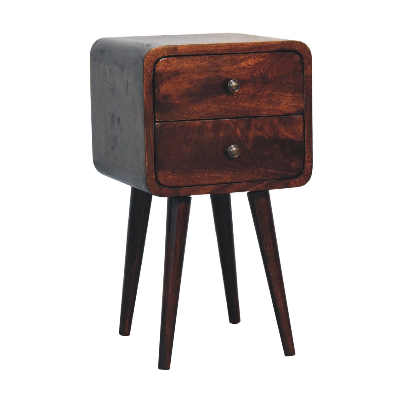 Mini Light Walnut Curved Nightstand - Solid Mango Wood Bedside Table for Bedroom - product view 3 showing handcrafted...