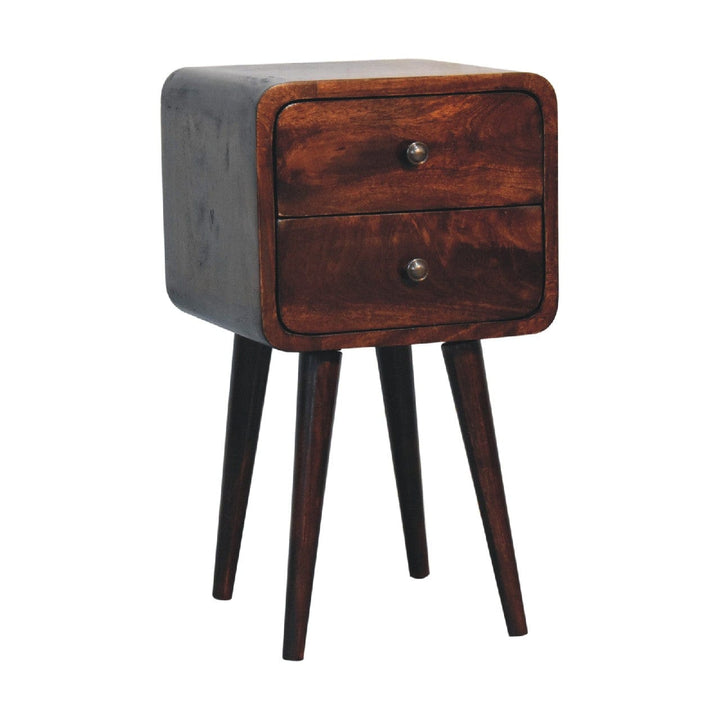 Mini Light Walnut Curved Nightstand - Solid Mango Wood Bedside Table for Bedroom - product view 3 showing handcrafted...