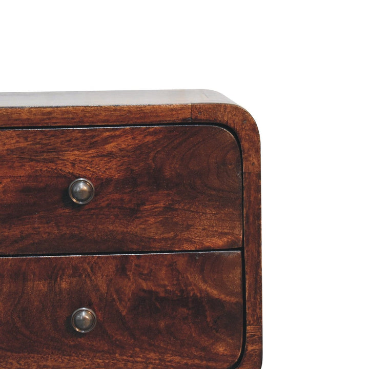 Mini Light Walnut Curved Nightstand - Solid Mango Wood Bedside Table for Bedroom - product view 4 showing handcrafted...