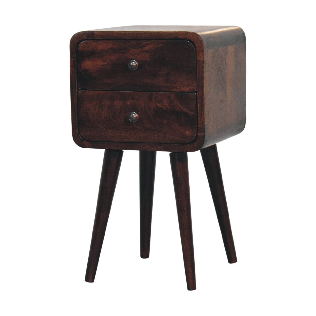 Mini Light Walnut Curved Nightstand - Solid Mango Wood Bedside Table for Bedroom - product view 2 showing handcrafted...
