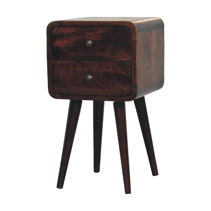 Mini Light Walnut Curved Nightstand - Solid Mango Wood Bedside Table for Bedroom - product view 2 showing handcrafted...