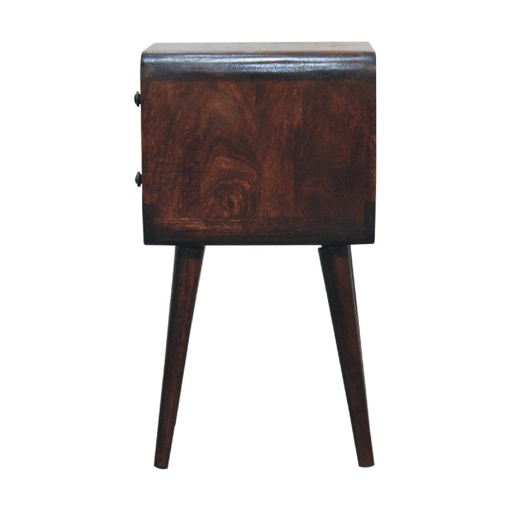 Mini Light Walnut Curved Nightstand - Solid Mango Wood Bedside Table for Bedroom - product view 8 showing handcrafted...