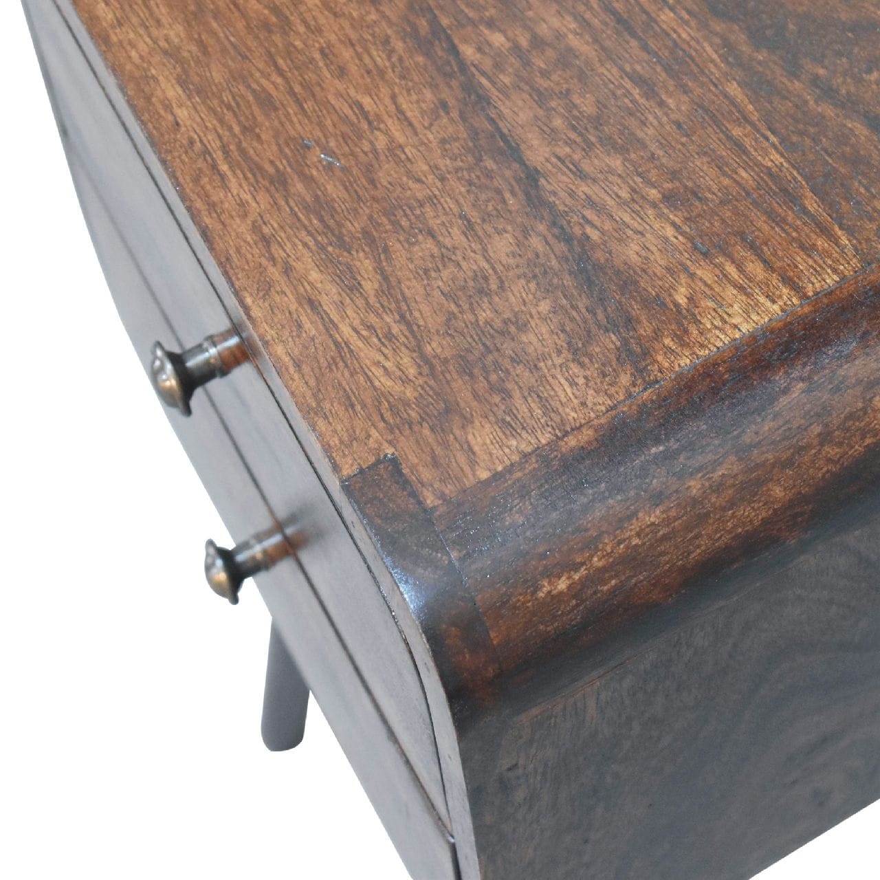 Mini Light Walnut Curved Nightstand - Solid Mango Wood Bedside Table for Bedroom - product view 5 showing handcrafted...