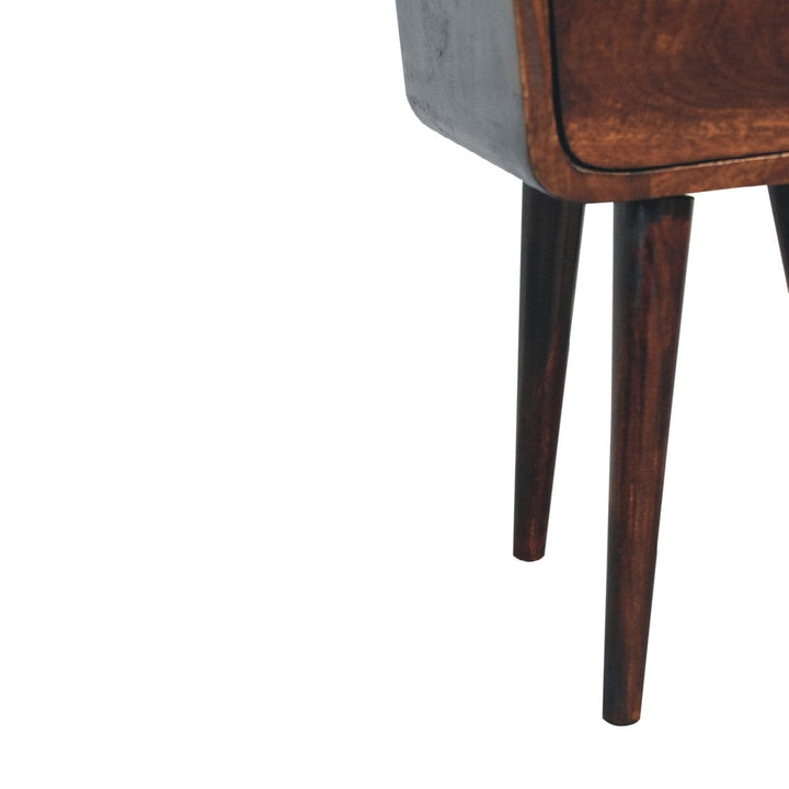 Mini Light Walnut Curved Nightstand - Solid Mango Wood Bedside Table for Bedroom - product view 7 showing handcrafted...