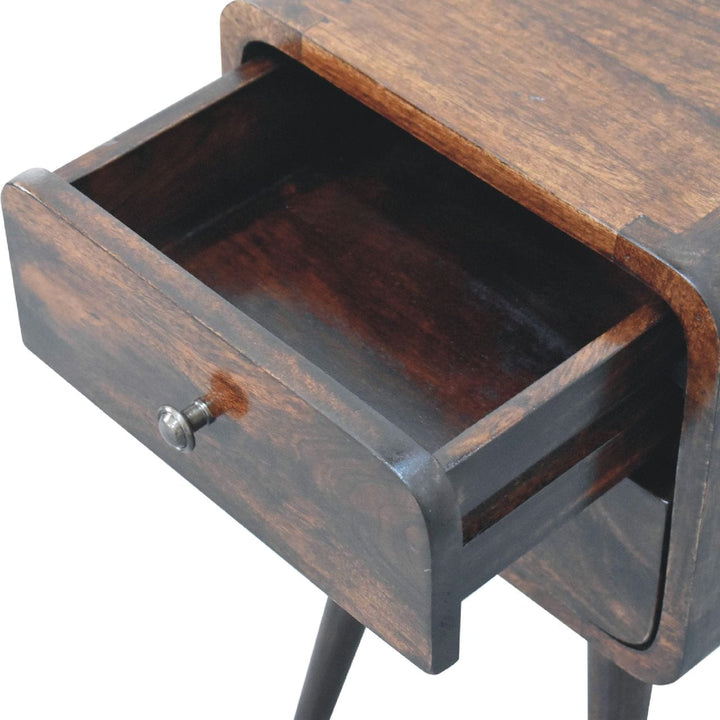 Mini Light Walnut Curved Nightstand - Solid Mango Wood Bedside Table for Bedroom - product view 6 showing handcrafted...