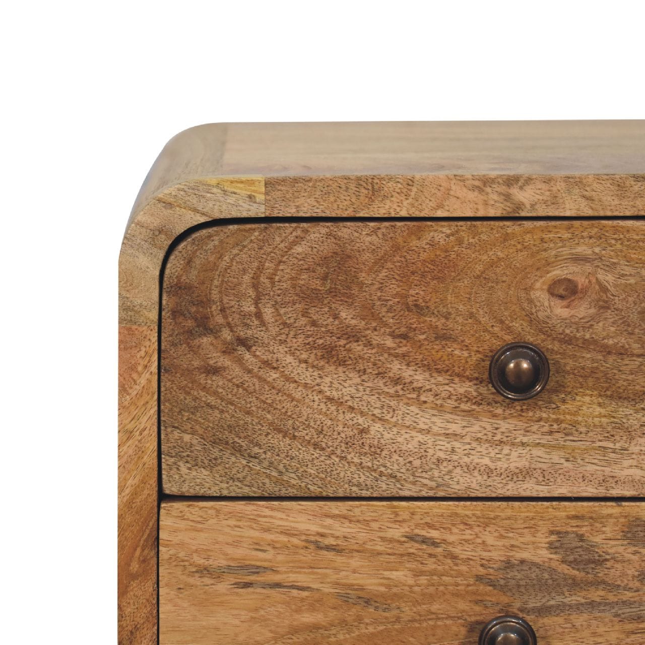 Mini Oak-ish Curved Nightstand - Solid Mango Wood Bedside Table for Bedroom - product view 5 showing handcrafted solid...