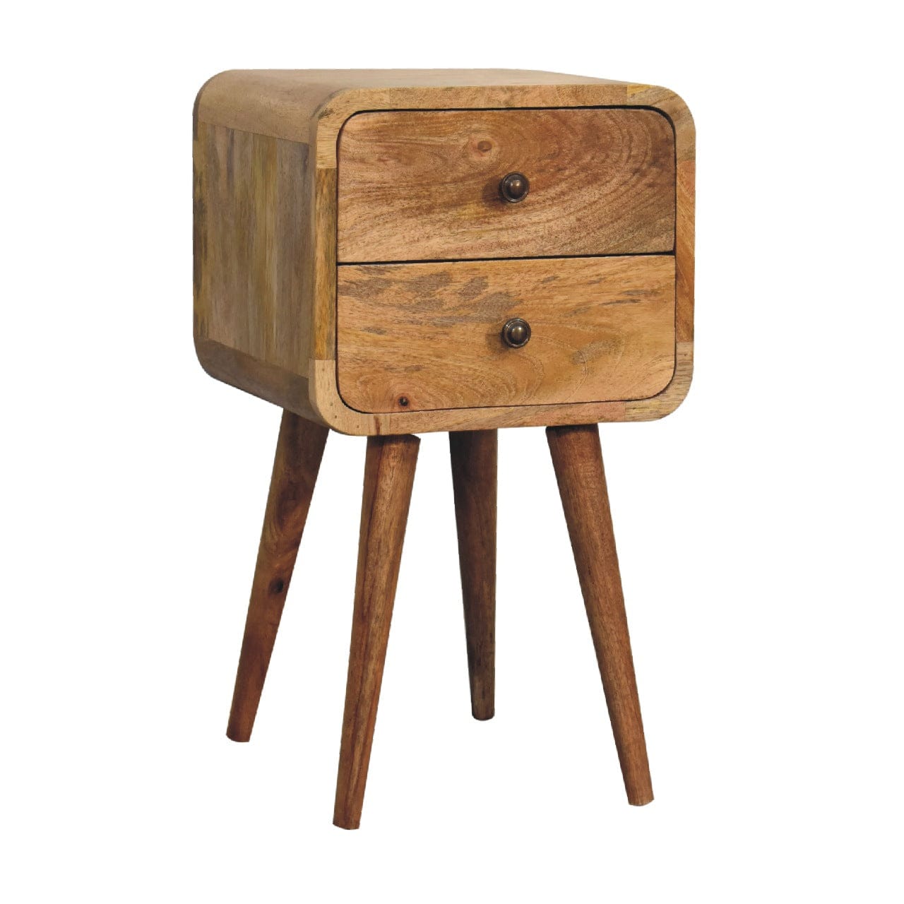 Mini Oak-ish Curved Nightstand - Solid Mango Wood Bedside Table for Bedroom - product view 4 showing handcrafted solid...