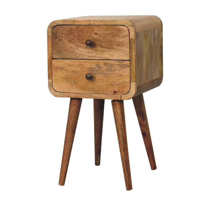 Mini Oak-ish Curved Nightstand - Solid Mango Wood Bedside Table for Bedroom - product view 3 showing handcrafted solid...