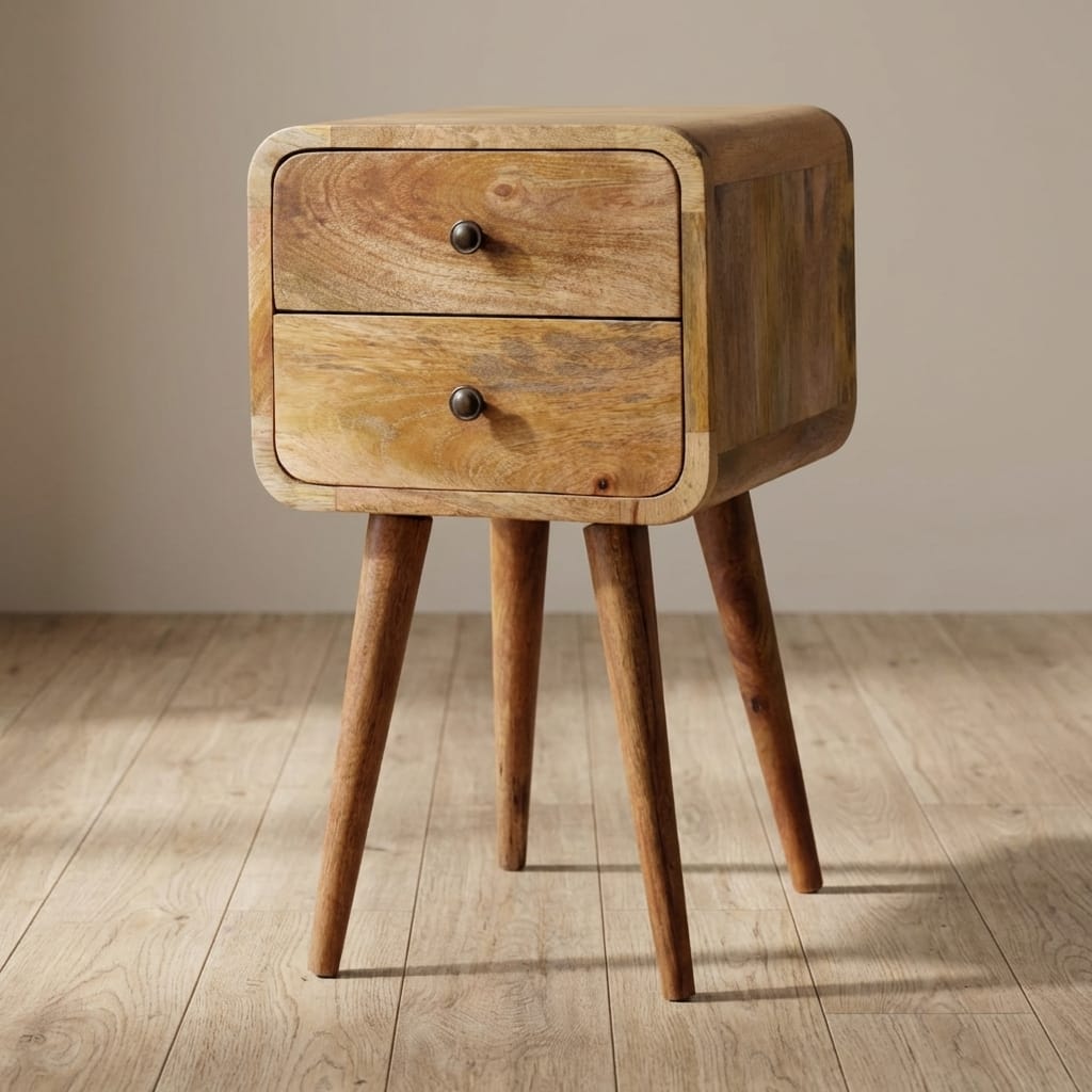 Mini Oak-ish Curved Nightstand - Solid Mango Wood Bedside Table for Bedroom - main view showing handcrafted solid mango...