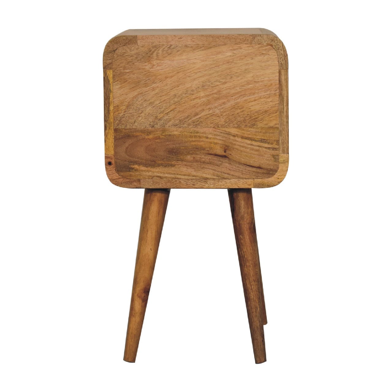 Mini Oak-ish Curved Nightstand - Solid Mango Wood Bedside Table for Bedroom - product view 9 showing handcrafted solid...