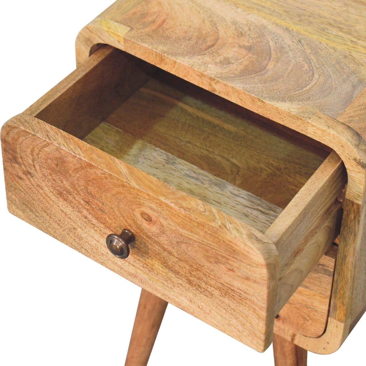 Mini Oak-ish Curved Nightstand - Solid Mango Wood Bedside Table for Bedroom - product view 6 showing handcrafted solid...
