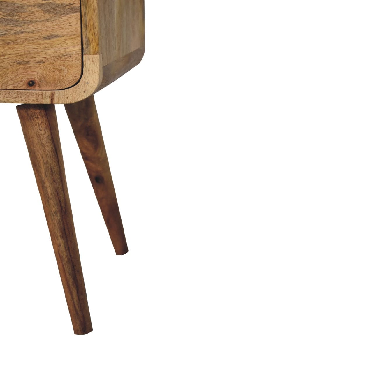 Mini Oak-ish Curved Nightstand - Solid Mango Wood Bedside Table for Bedroom - product view 7 showing handcrafted solid...