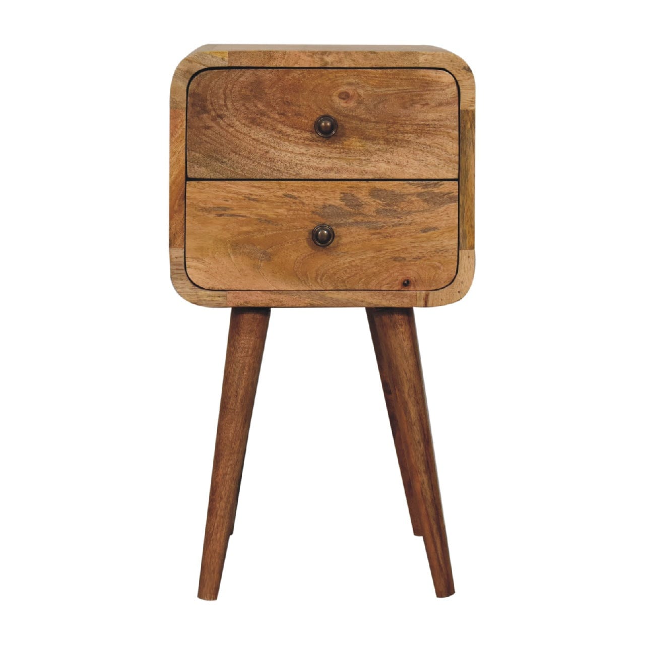 Mini Oak-ish Curved Nightstand - Solid Mango Wood Bedside Table for Bedroom - product view 2 showing handcrafted solid...