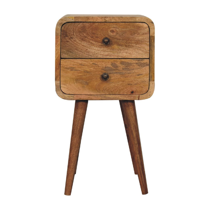 Mini Oak-ish Curved Nightstand - Solid Mango Wood Bedside Table for Bedroom - product view 2 showing handcrafted solid...