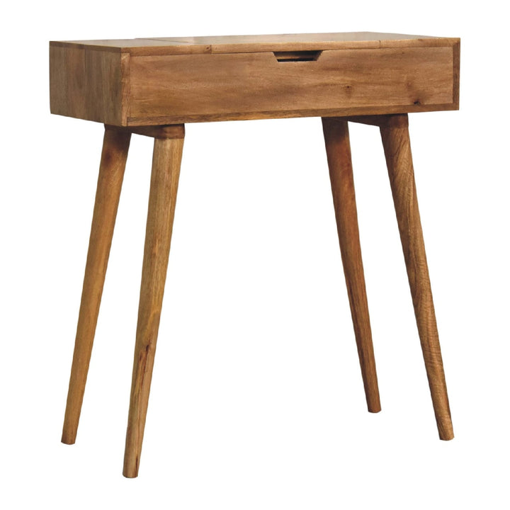 Mini Oak-ish Dressing Table - Solid Mango Wood Vanity Table for Bedroom - product view 3 showing handcrafted solid mango...