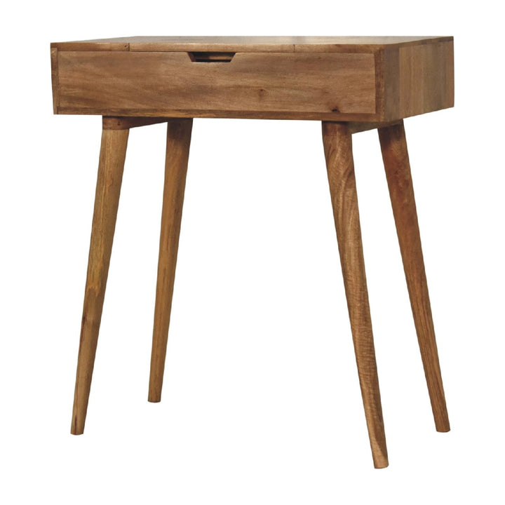 Mini Oak-ish Dressing Table - Solid Mango Wood Vanity Table for Bedroom - product view 2 showing handcrafted solid mango...