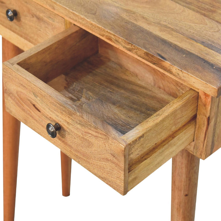 Mini Oak-ish Hallway Console Table - Solid Mango Wood Hallway Console for Entryway showing an open drawer.