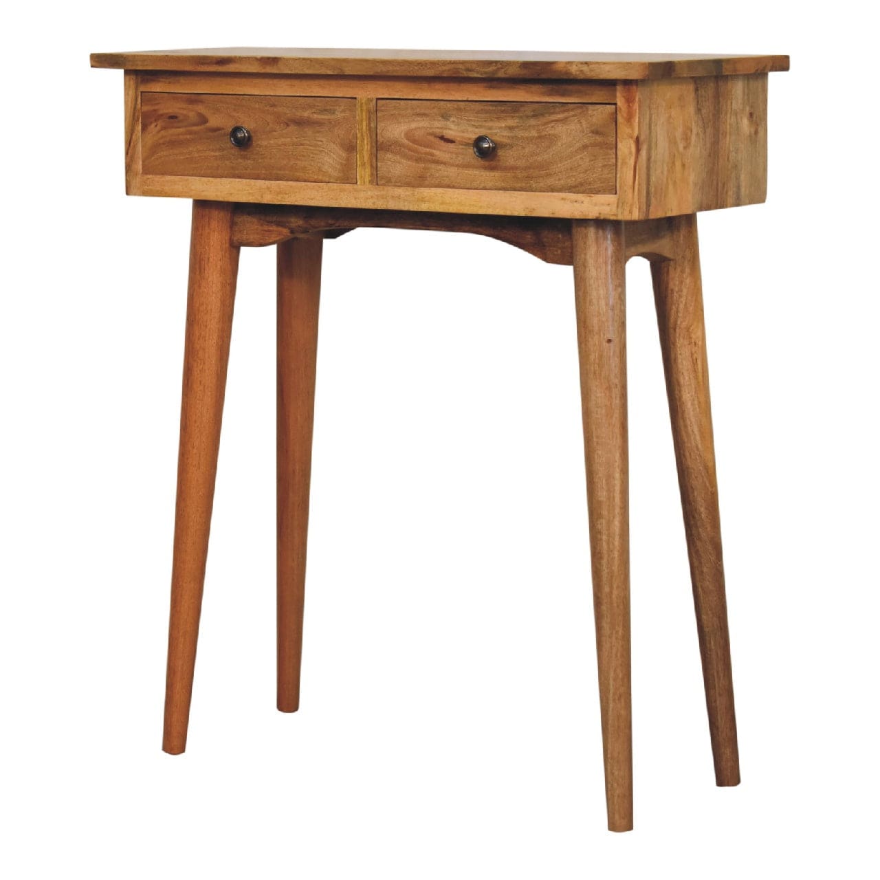 Mini Oak-ish Hallway Console Table - Solid Mango Wood Hallway Console for Entryway with two drawers and tapered legs.
