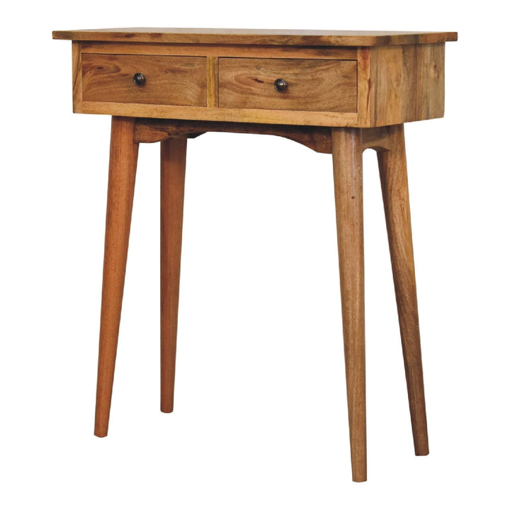 Mini Oak-ish Hallway Console Table - Solid Mango Wood Hallway Console for Entryway with two drawers and tapered legs.