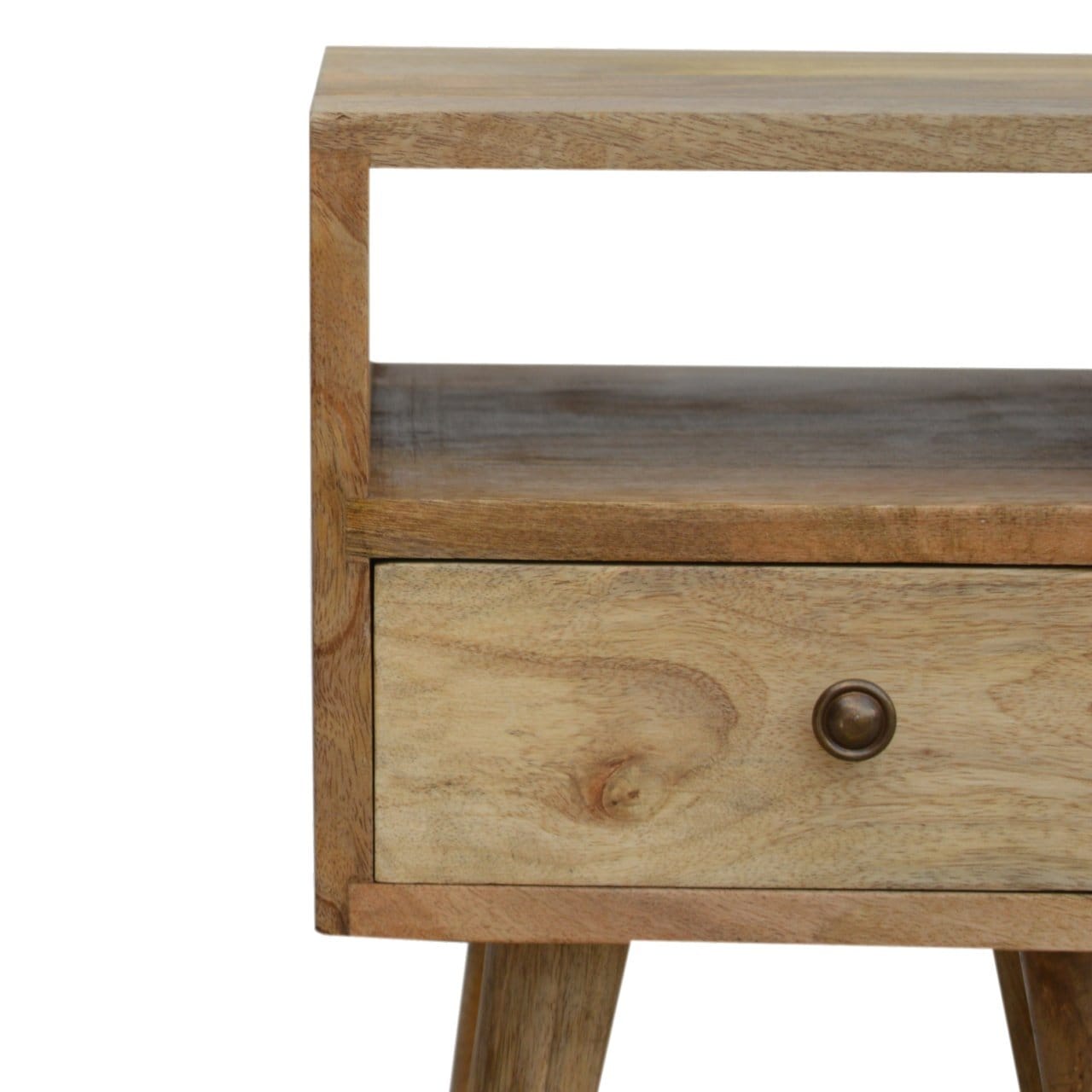 Mini Oak-ish Nightstand - Solid Mango Wood Bedside Table for Bedroom - product view 4 showing handcrafted solid mango...