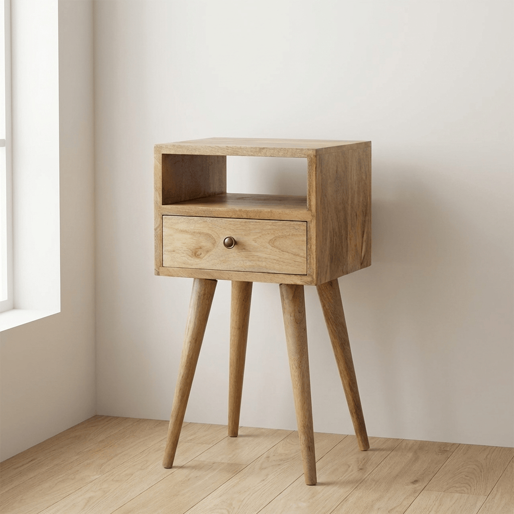 Mini Oak-ish Nightstand - Solid Mango Wood Bedside Table for Bedroom - main view showing handcrafted solid mango wood...