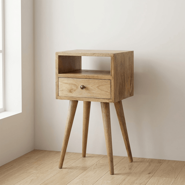 Mini Oak-ish Nightstand - Solid Mango Wood Bedside Table for Bedroom - main view showing handcrafted solid mango wood...