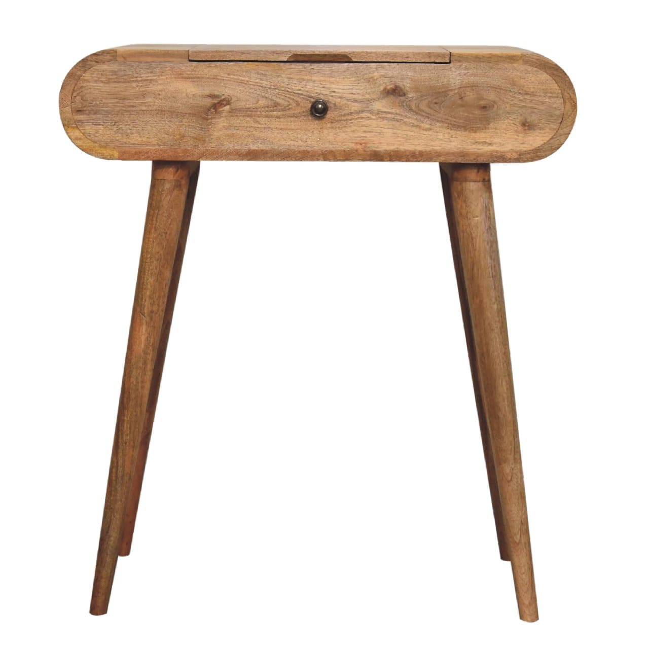 Mini Oak-ish Round Dressing Table - Solid Mango Wood Vanity Table for Bedroom - main view showing handcrafted solid mango...