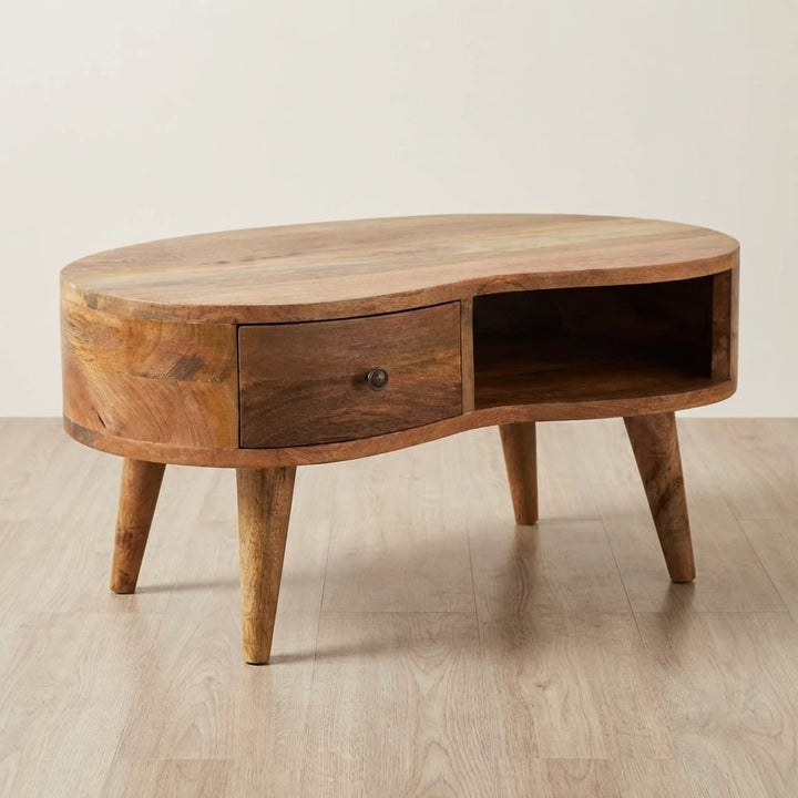 Mini Oak-ish Wave Coffee Table - Solid Mango Wood Center Table for Living Room - main view showing handcrafted solid...
