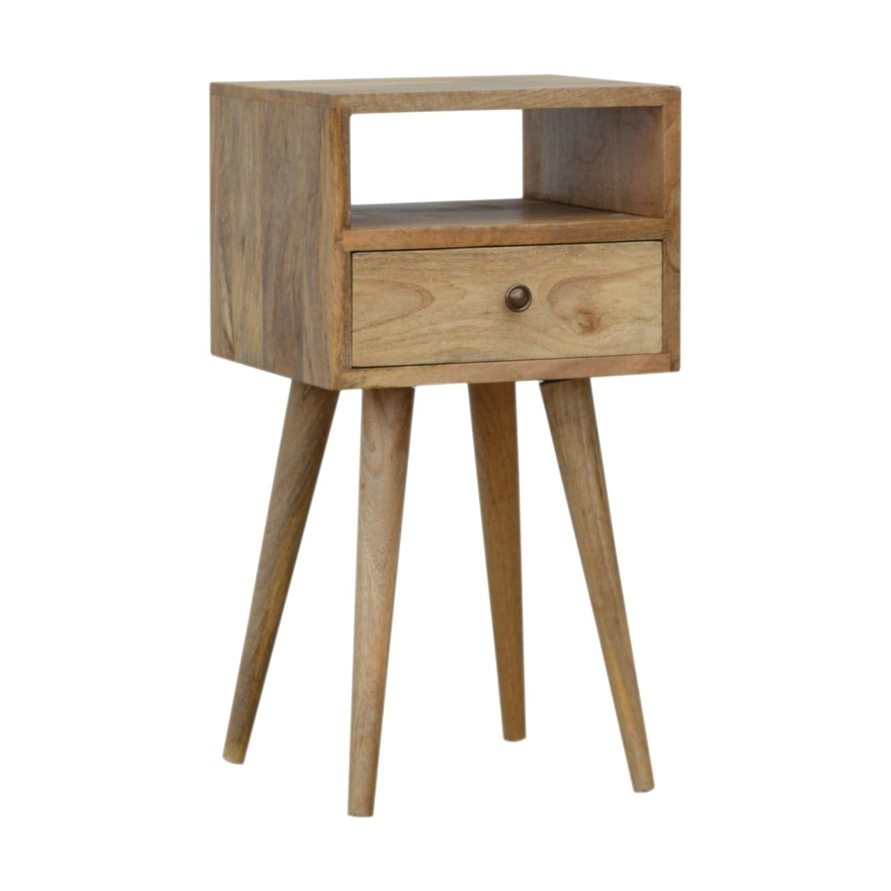 Mini Oak-ish Nightstand - Solid Mango Wood Bedside Table for Bedroom - product view 3 showing handcrafted solid mango...