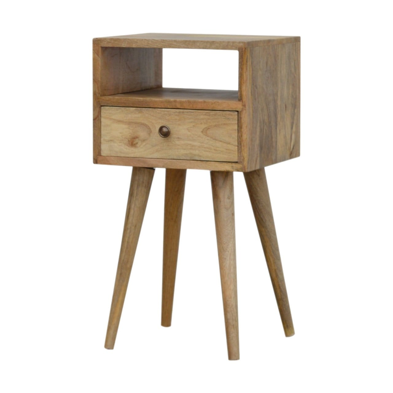 Mini Oak-ish Nightstand - Solid Mango Wood Bedside Table for Bedroom - product view 2 showing handcrafted solid mango...