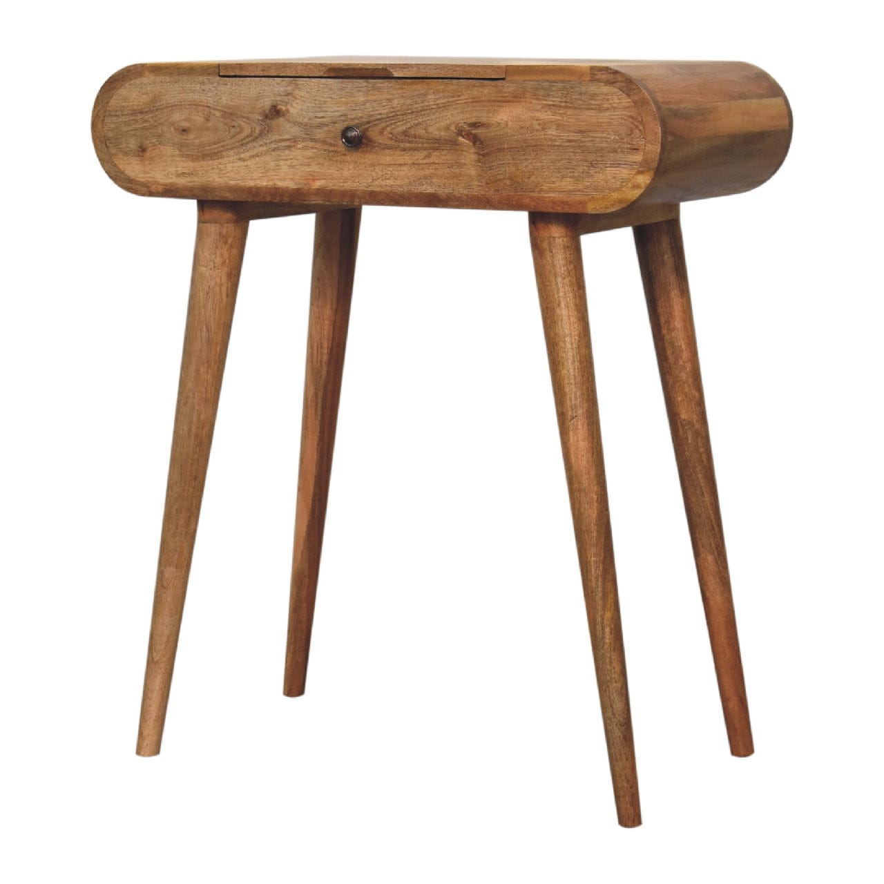 Mini Oak-ish Round Dressing Table - Solid Mango Wood Vanity Table for Bedroom - product view 2 showing handcrafted solid...