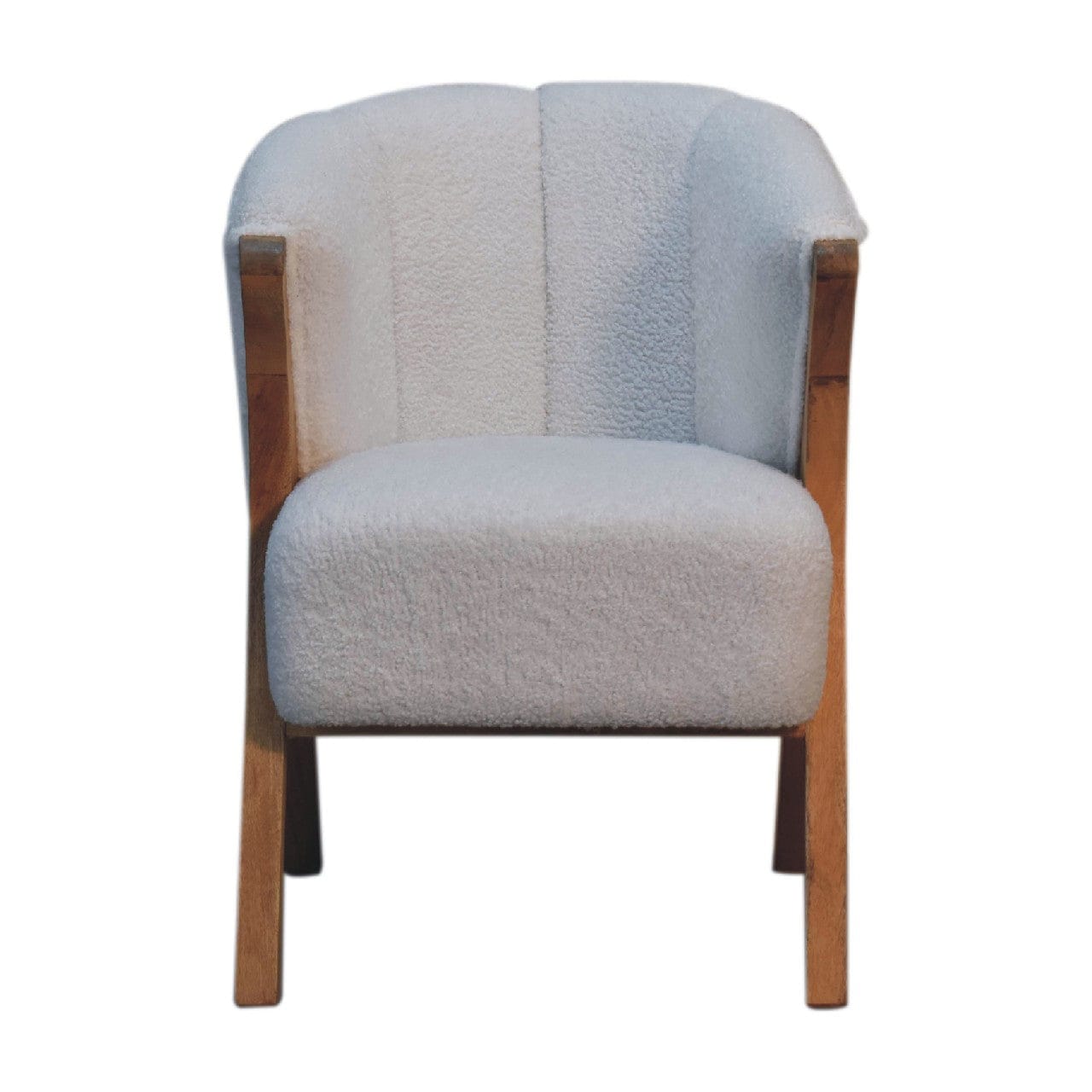 Minimalist White Bouclé Chair - Modern Minimalistic Accent Chair in Solid Mango Wood - product view 2 showing handcrafted...