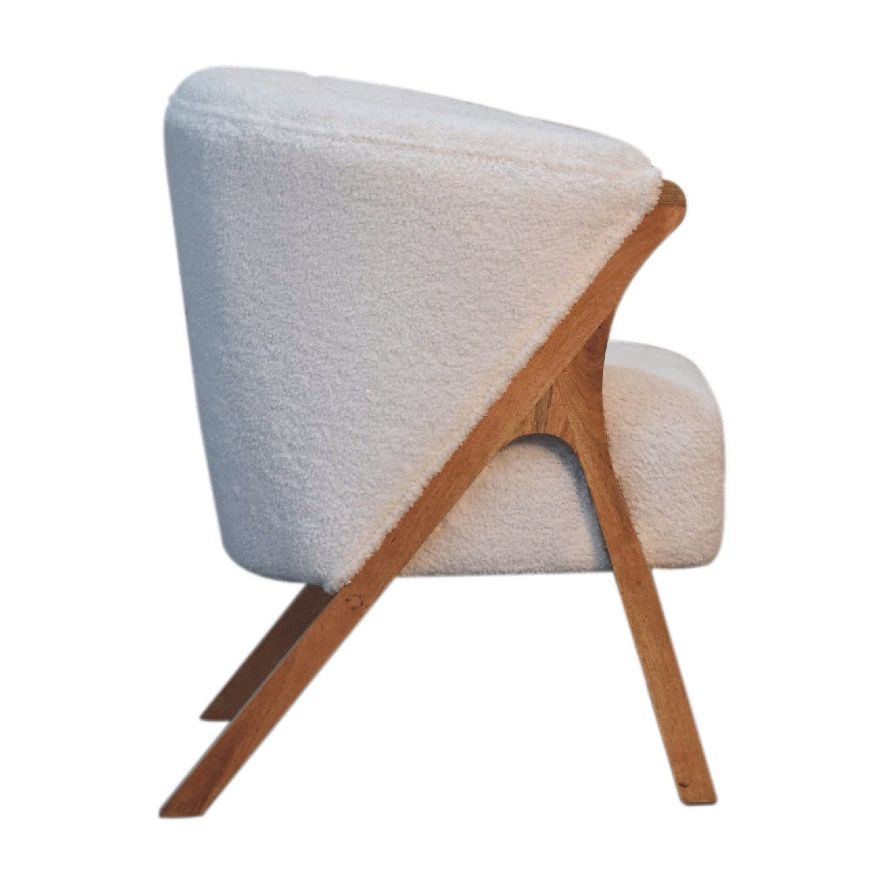 Minimalist White Bouclé Chair - Modern Minimalistic Accent Chair in Solid Mango Wood - product view 9 showing handcrafted...
