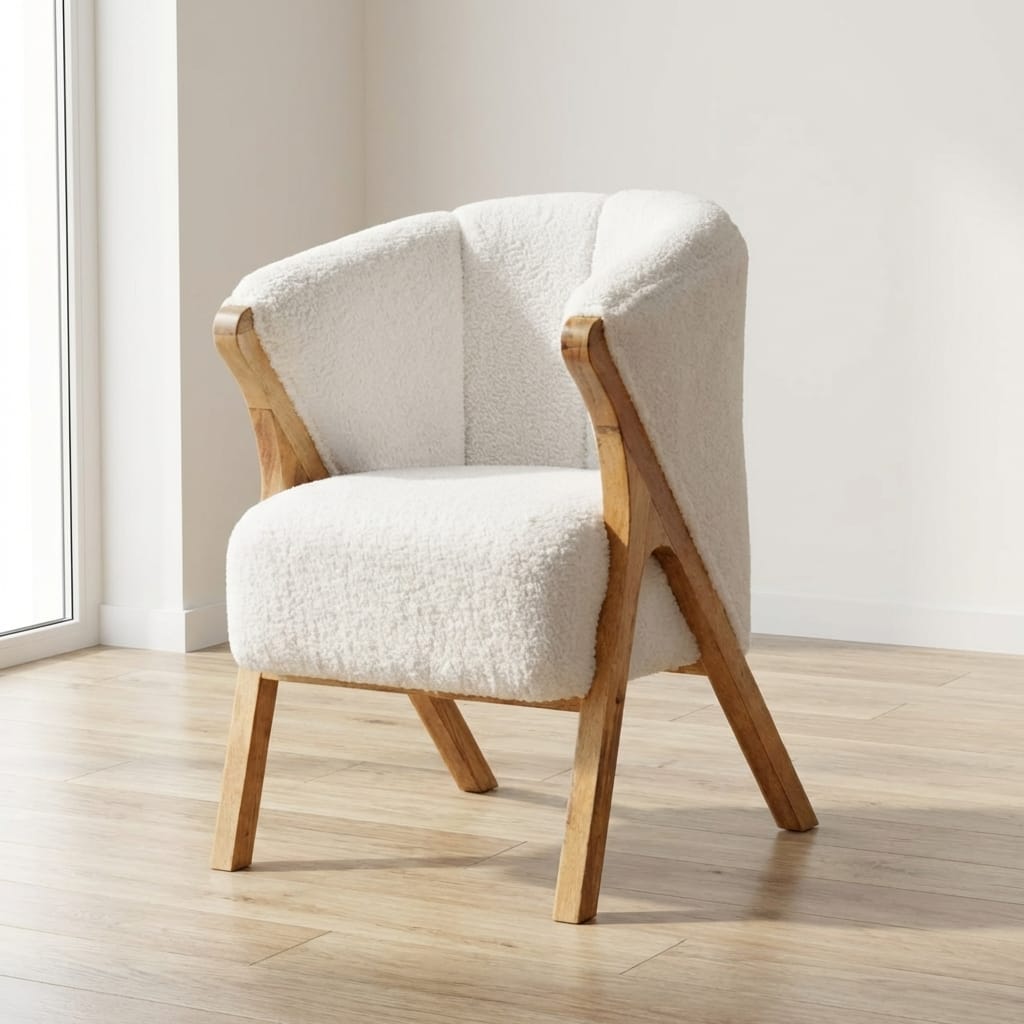 Minimalist White Bouclé Chair - Modern Minimalistic Accent Chair in Solid Mango Wood - main view showing handcrafted...