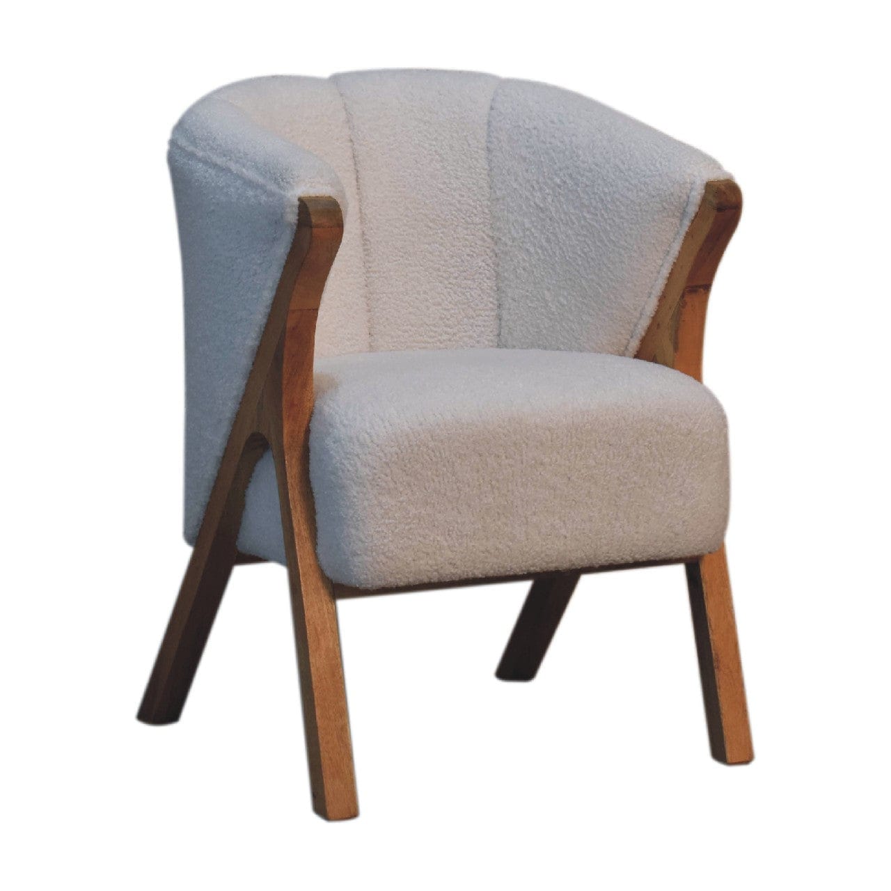 Minimalist White Bouclé Chair - Modern Minimalistic Accent Chair in Solid Mango Wood - product view 3 showing handcrafted...
