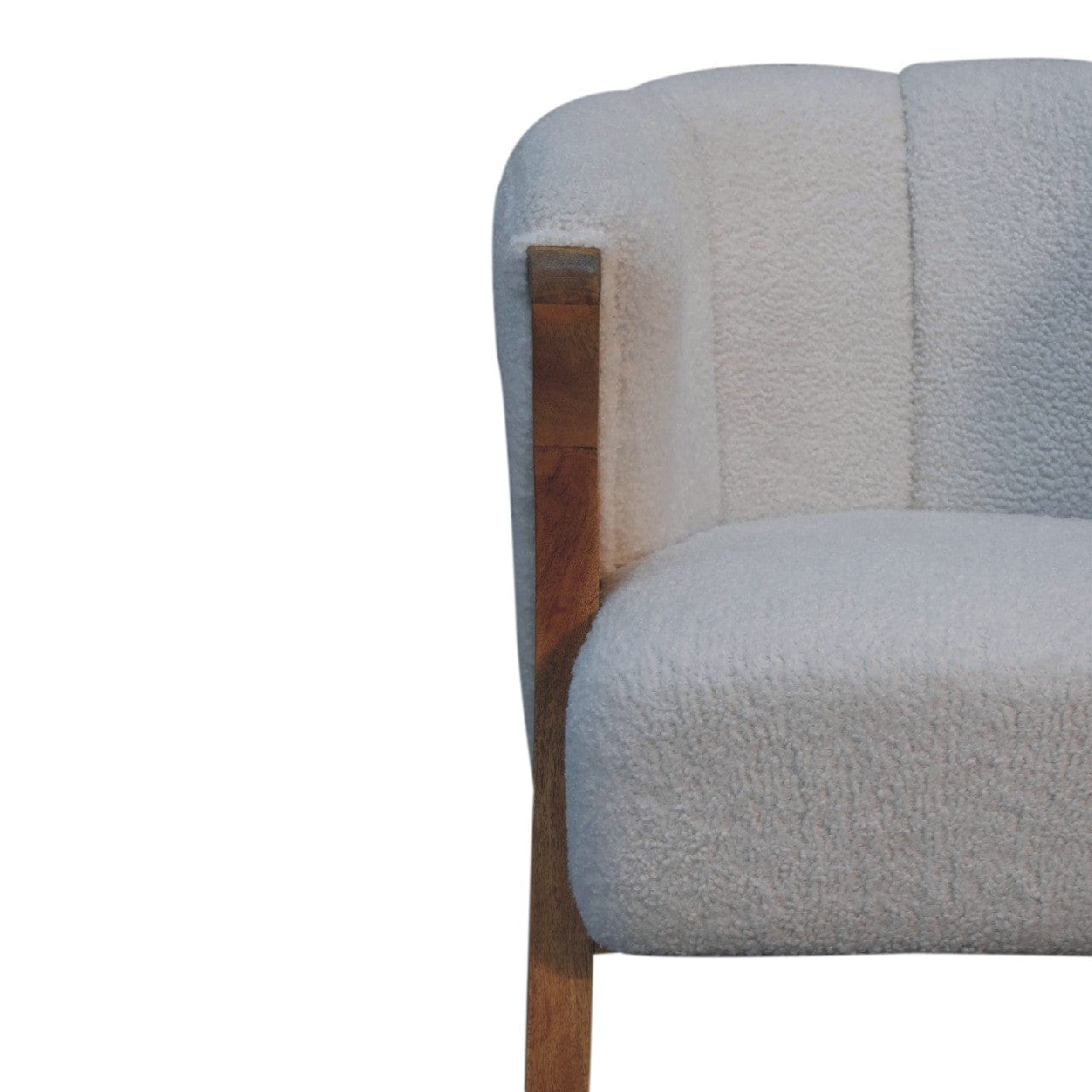 Minimalist White Bouclé Chair - Modern Minimalistic Accent Chair in Solid Mango Wood - product view 5 showing handcrafted...