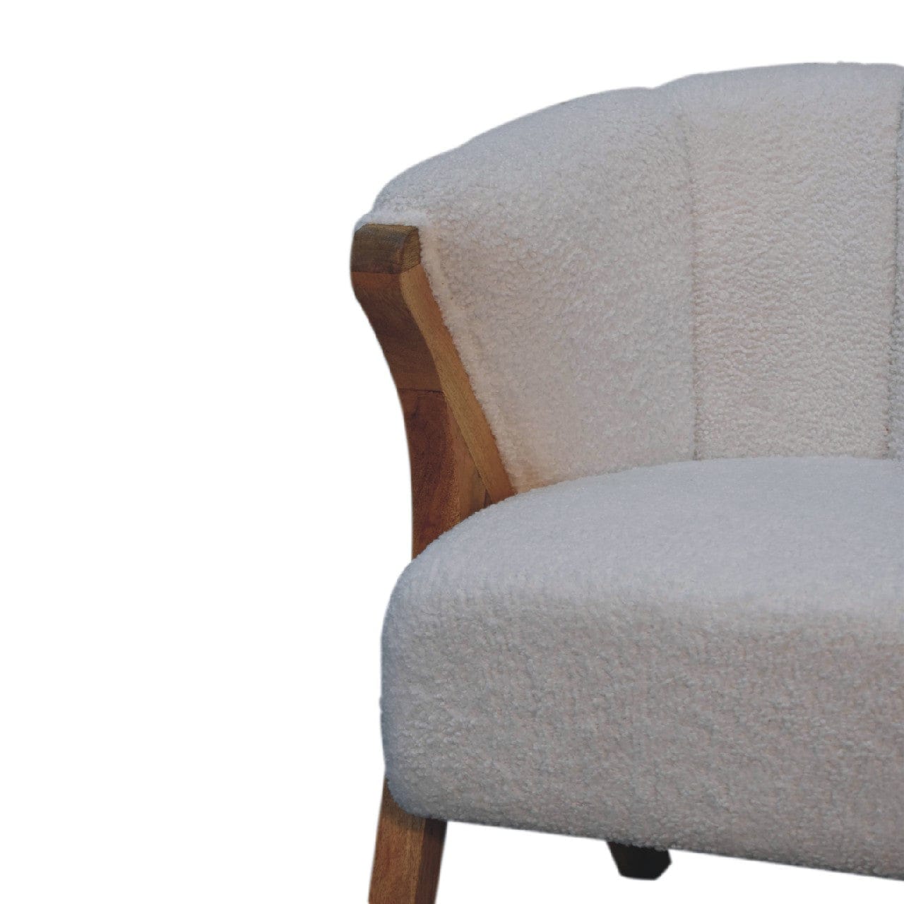 Minimalist White Bouclé Chair - Modern Minimalistic Accent Chair in Solid Mango Wood - product view 7 showing handcrafted...