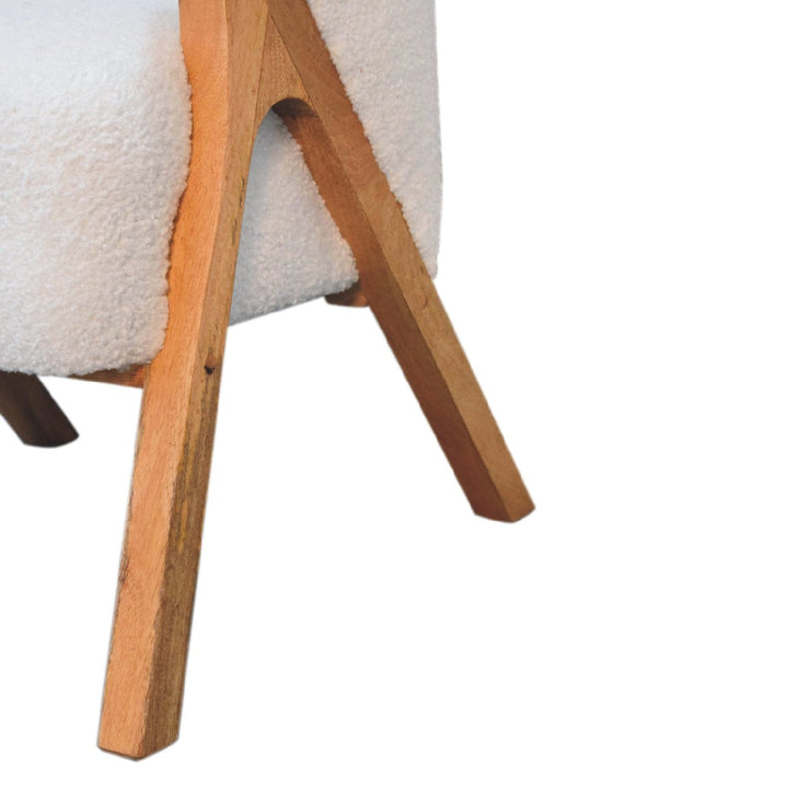 Minimalist White Bouclé Chair - Modern Minimalistic Accent Chair in Solid Mango Wood - product view 8 showing handcrafted...
