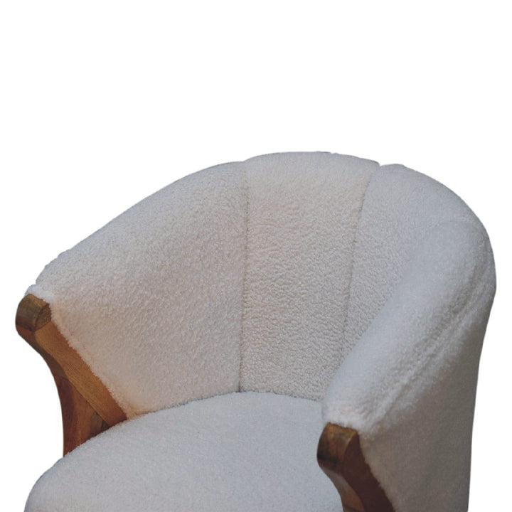 Minimalist White Bouclé Chair - Modern Minimalistic Accent Chair in Solid Mango Wood - product view 6 showing handcrafted...