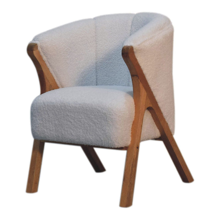 Minimalist White Bouclé Chair - Modern Minimalistic Accent Chair in Solid Mango Wood - product view 4 showing handcrafted...