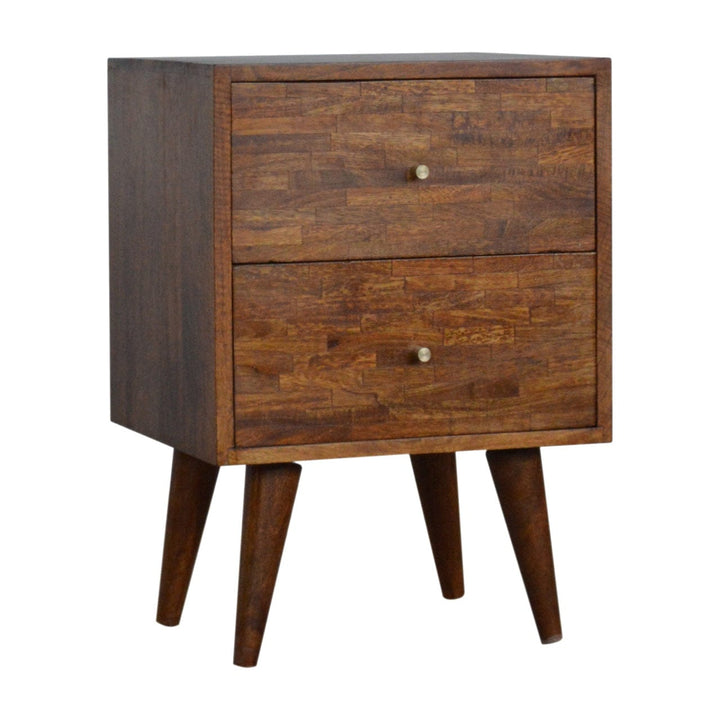 Mixed Chestnut Nightstand - Solid Mango Wood Bedside Table for Bedroom - product view 2 showing handcrafted solid mango...
