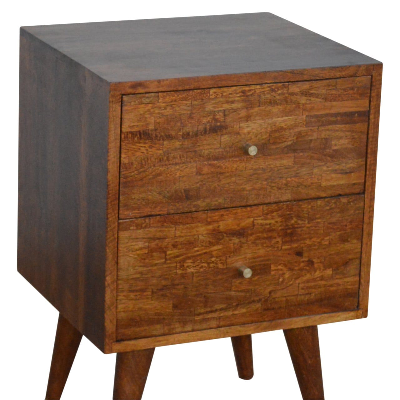 Mixed Chestnut Nightstand - Solid Mango Wood Bedside Table for Bedroom - product view 3 showing handcrafted solid mango...